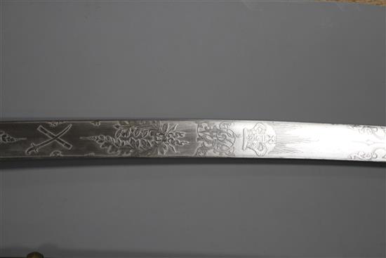 A Victorian general officers mameluke sword, gilt hilt, ivory grips, the etched blade by Ranken & Co. Calcutta, brass scabbard, blade